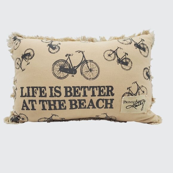 Decorative Primitives By Kathy Beach Day Bicycle Throw Pillow 19" X 12" Cotton & - Picture 2 of 6